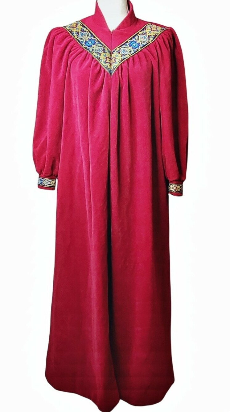 Vintage Vanity Fair Petites Wine Gold Velour Long Gown 1/2 Zip House Dress PS